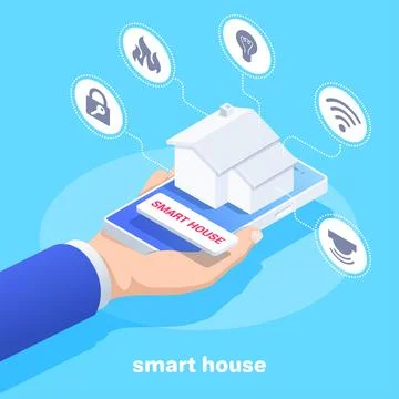 Isometric vector image on a blue background, a male hand holds a smartphone o Illustrazione stock