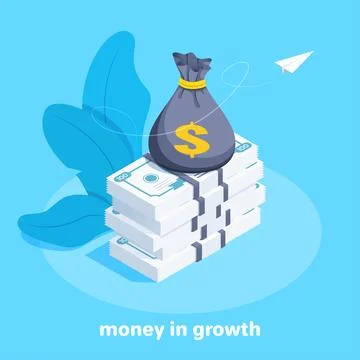 Isometric vector image on a blue background, a money bag on a stack of bankno Stock Illustration