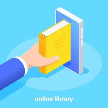 Isometric vector image on a blue background, a male hand holds a book by the  스톡 일러스트