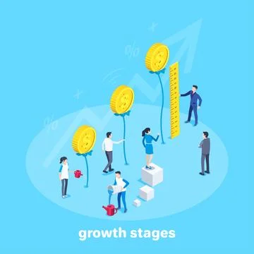 Isometric vector image on a blue background, growing stems with gold coins an Stock Illustration