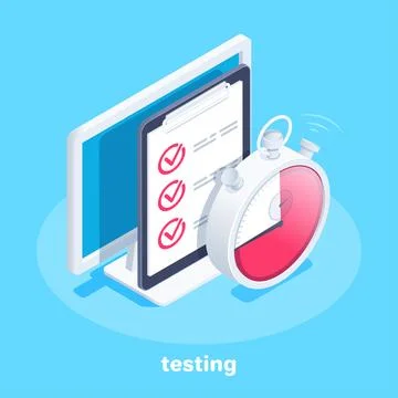 Isometric vector image on a blue background, a stopwatch next to a tablet and Stock Illustration