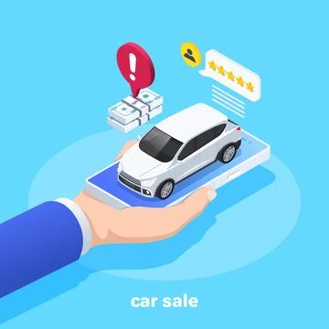 Isometric vector image on a blue background, a mans hand holds a smartphone o Stock Illustration