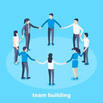 Isometric vector image on a blue background, men and women stand in a circle  Illustrazione stock
