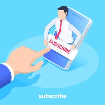 Isometric vector image on a blue background, a male hand clicks on the button イラスト素材