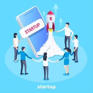 Isometric vector image on a blue background, people are standing around a sma Stock Illustration