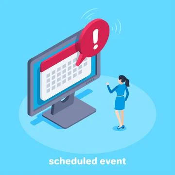 Isometric vector image on a blue background, a girl in a blue dress stands ne Stock Illustration