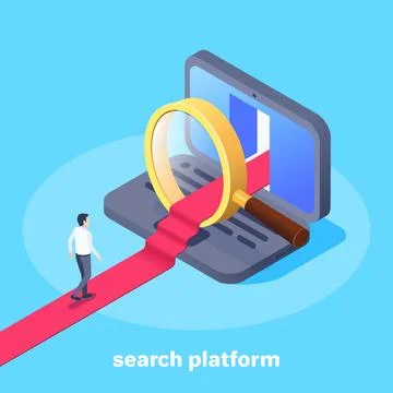 Isometric vector image on a blue background, a man walks along the red carpet Stock Illustration