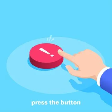 Isometric vector image on a blue background, a male hand clicks on a big red  Stock Illustration