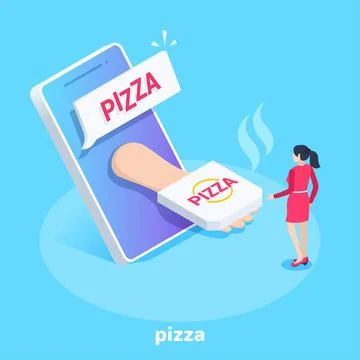 Isometric vector image on a blue background, a girl in a red dress stands in  Stock Illustration