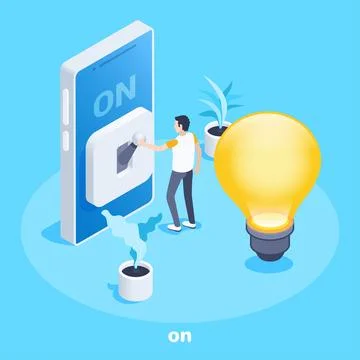 Isometric vector image on a blue background, a man presses the switch lever o Illustrazione stock