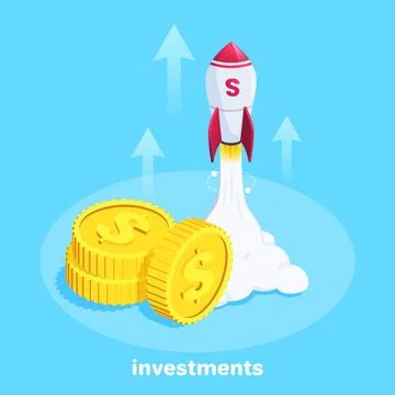 Isometric vector image on a blue background, a rocket taking off and coins ly Stock Illustration