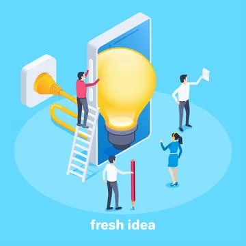 Isometric vector image on a blue background, people near a smartphone with a  Stock Illustration