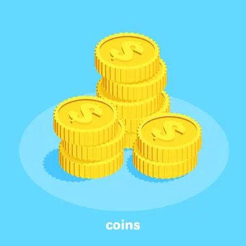 Isometric vector image on a blue background, gold coins with a dollar icon li Illustrazione stock