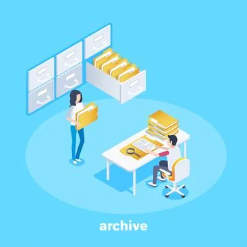 Isometric vector image on a blue background, a man sits at a table with folde イラスト素材