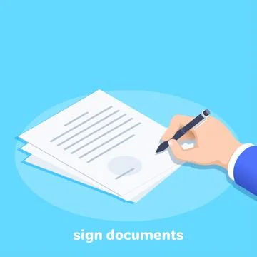 Isometric vector image on a blue background, male hand holds a black pen and  Stockillustratie