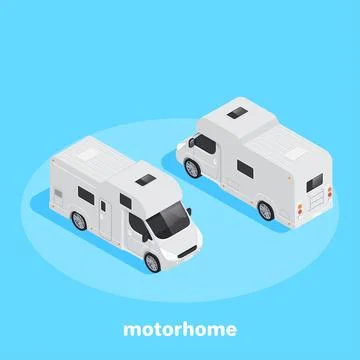 Isometric vector image on a blue background, white motorhome front and back v Stock Illustration