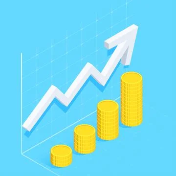 Isometric vector image on a blue background, white curved arrow tends to the  Stock Illustration