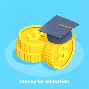 Isometric vector image on a blue background, gold coins with a dollar sign an Stock Illustration