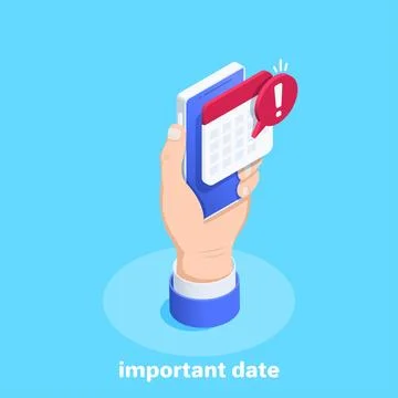 Isometric vector image on a blue background, a male hand holds a smartphone o Stock Illustration