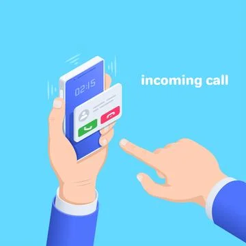 Isometric vector image on a blue background, a male hand holds a smartphone t Stock Illustration