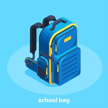 Isometric vector image on a blue background, blue with a yellow student backp Stock Illustration