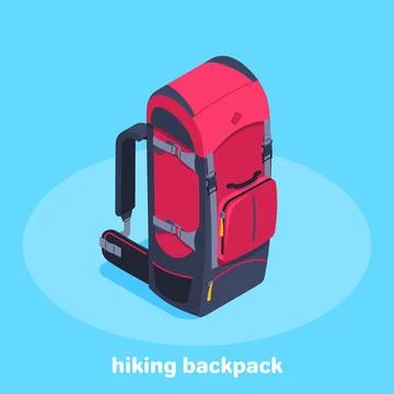 Isometric vector image on a blue background, red with a black travel backpack Illustrazione stock