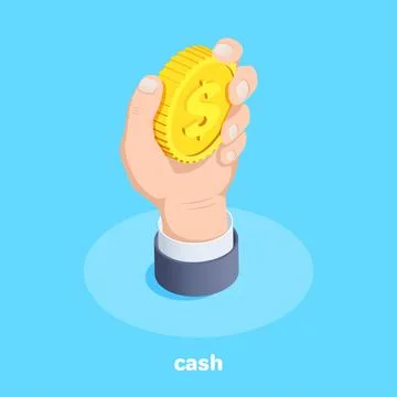 Isometric vector image on a blue background, a male hand holds a large gold c Stock Illustration