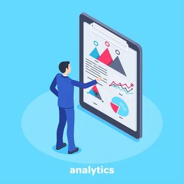 Isometric vector image on a blue background, a man in a business suit stands  스톡 일러스트