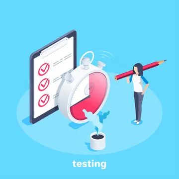 Isometric vector image on a blue background, a stopwatch next to a tablet and Stock Illustration