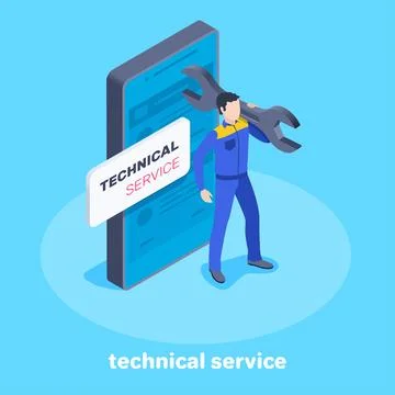 Isometric vector image on a blue background, a man in work clothes with a wre Stock Illustration