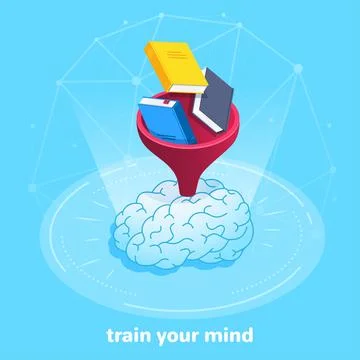 Isometric vector image on a blue background, books through the watering can f Stock Illustration