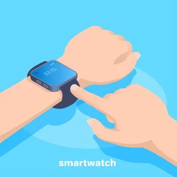 Isometric vector image on a blue background, smart watch on a male hand, new  스톡 일러스트