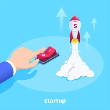 Isometric vector image on a blue background, male hand presses the red button Illustrazione stock