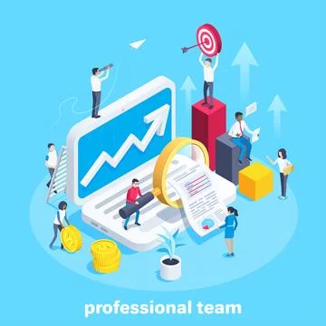 Isometric vector image on a blue background, people work as a team with finan Illustrazione stock