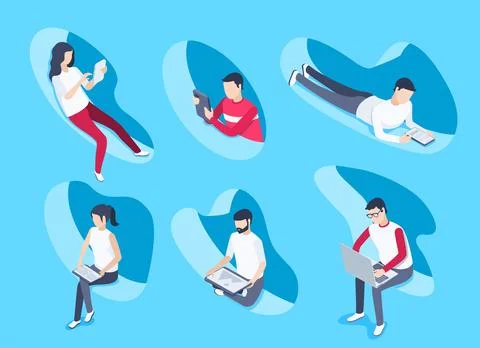 Isometric vector image on a blue background, people are sitting in abstract f Stock Illustration