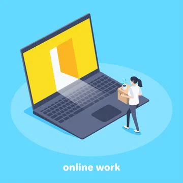 Isometric vector image on a blue background, a girl with a box for things com Stock Illustration