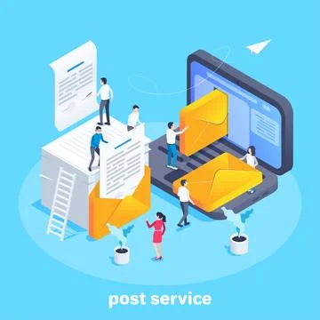 Isometric vector image on a blue background, people send documents in envelop Stock Illustration