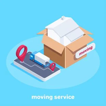 Isometric vector image on a blue background, a house in a box and a truck on  イラスト素材