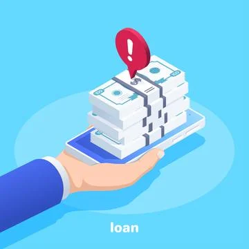 Isometric vector image on a blue background, a male hand holds a smartphone o Stock Illustration
