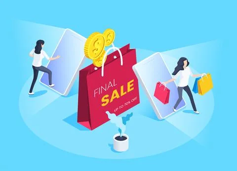 Isometric vector image on a blue background, business concept, woman with sho Illustrazione stock