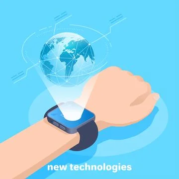 Isometric vector image on a blue background, a male hand with a smart watch o 스톡 일러스트