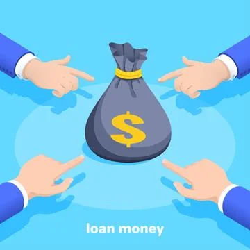 Isometric vector image on a blue background, male hands point to a bag of mon Stock Illustration