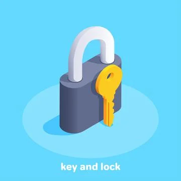 Isometric vector image on a blue background, black lock and golden key icon Illustrazione stock