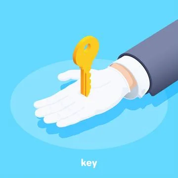Isometric vector image on a blue background, a golden key on a mans palm, liv Stock Illustration