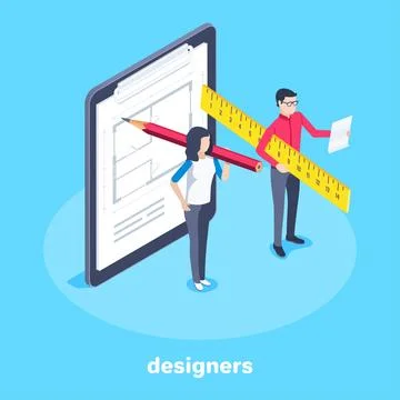 Isometric vector image on a blue background, a woman with a pencil and a man  Stock Illustration