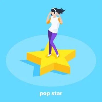 Isometric vector image on a blue background, the girl in the headphones is da Ilustração Stock