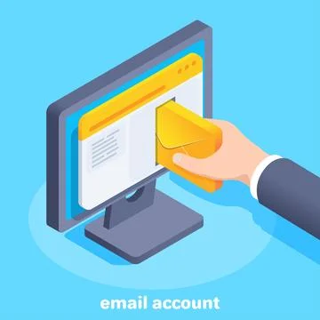 Isometric vector image on a blue background, a male hand inserts an envelope  Stock Illustration