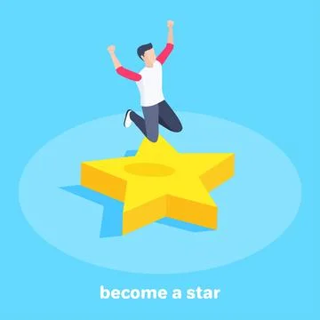 Isometric vector image on a blue background, a man joyfully bounced on a big  Stock Illustration