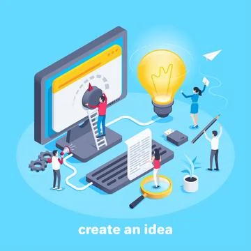 Isometric vector image on a blue background, a team of people working on crea Stock Illustration