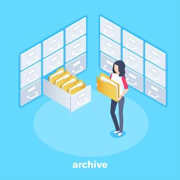 Isometric vector image on a blue background, girl with documents from archive 스톡 일러스트